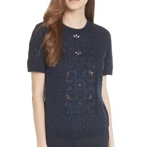 Tory Burch Channing Navy Blue Embroidered Eyelet Lace Sweater Top - S